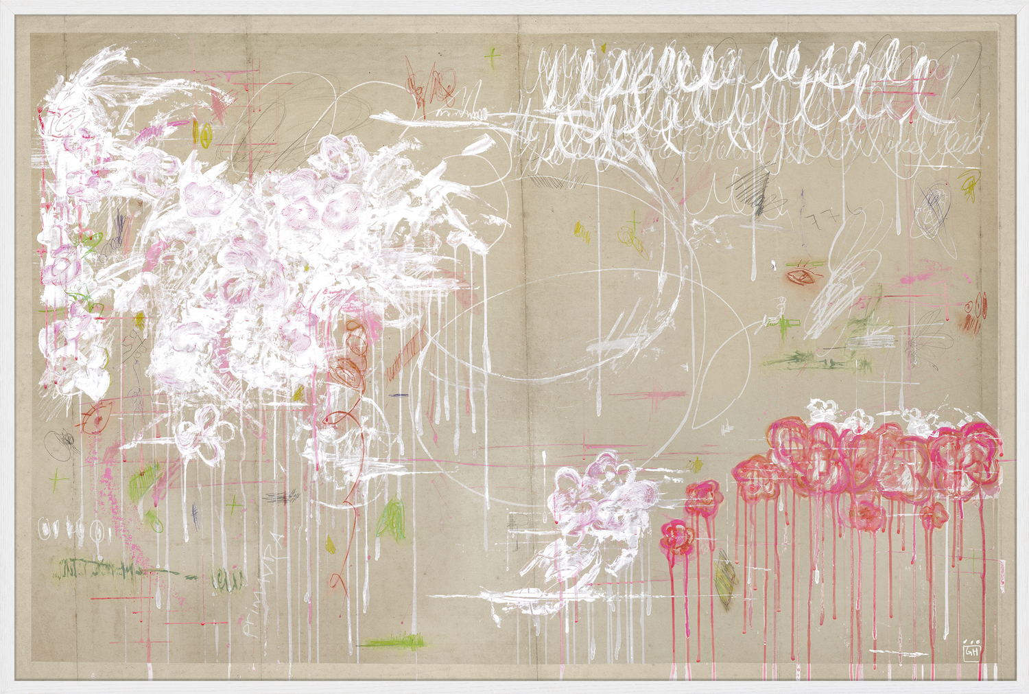 Framed abstract painting with dripping paint and expressive gestural marks done in white, pink, and green on a beige background.